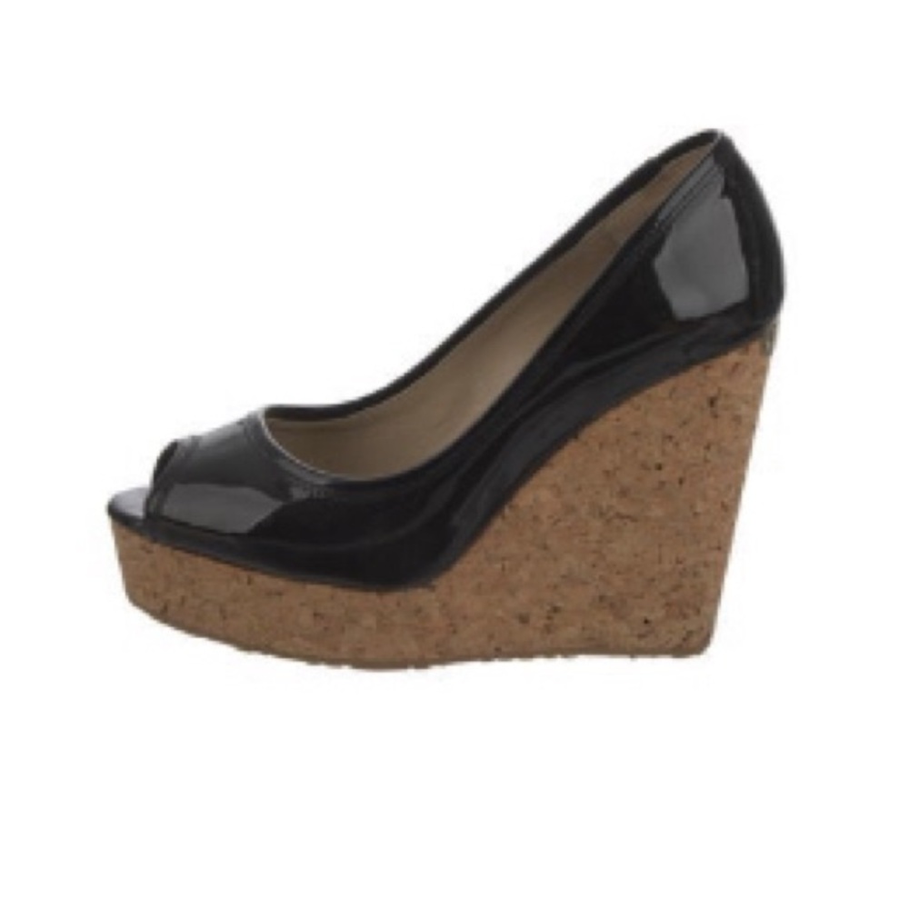 Jimmy Choo Black Patent Leather Platform Peep Toe Wedge Size 7